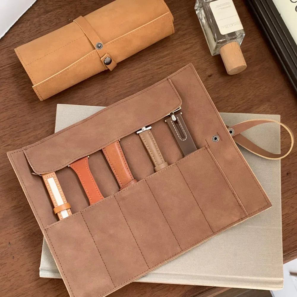 Leather Watch Band Roll Organiser with 5 Storage Slots